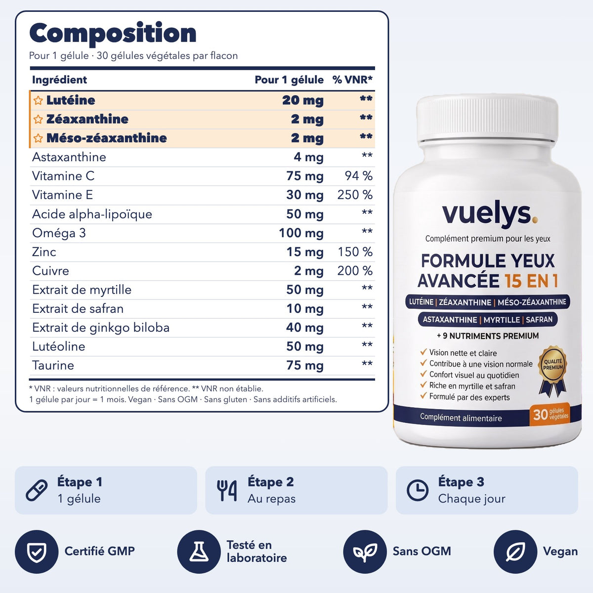Composition de Vuelys pour 1 gélule : 15 ingrédients, doses et % des valeurs nutritionnelles de référence