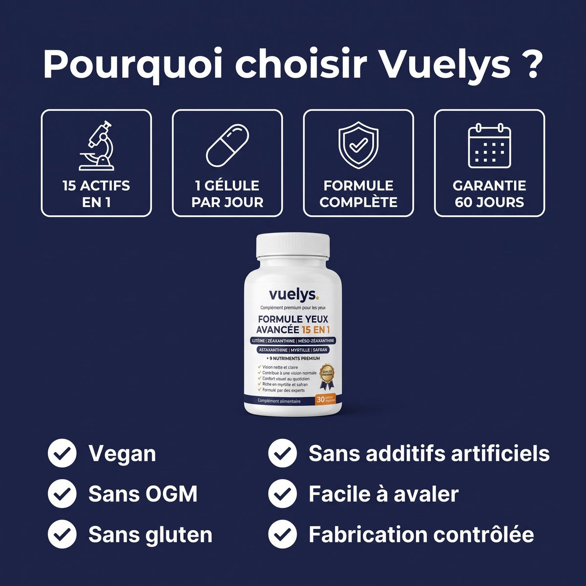 Pourquoi choisir Vuelys : 15 actifs en 1, 1 gélule par jour, garantie 60 jours