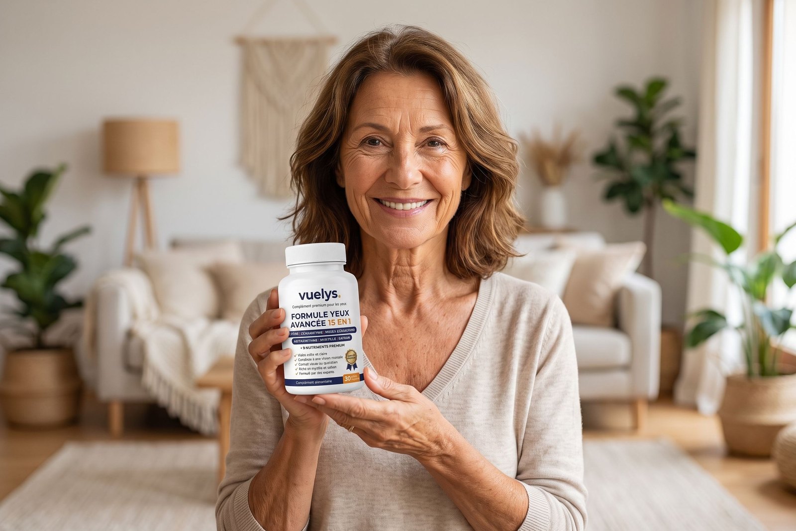 Femme souriante avec un flacon de Vuelys