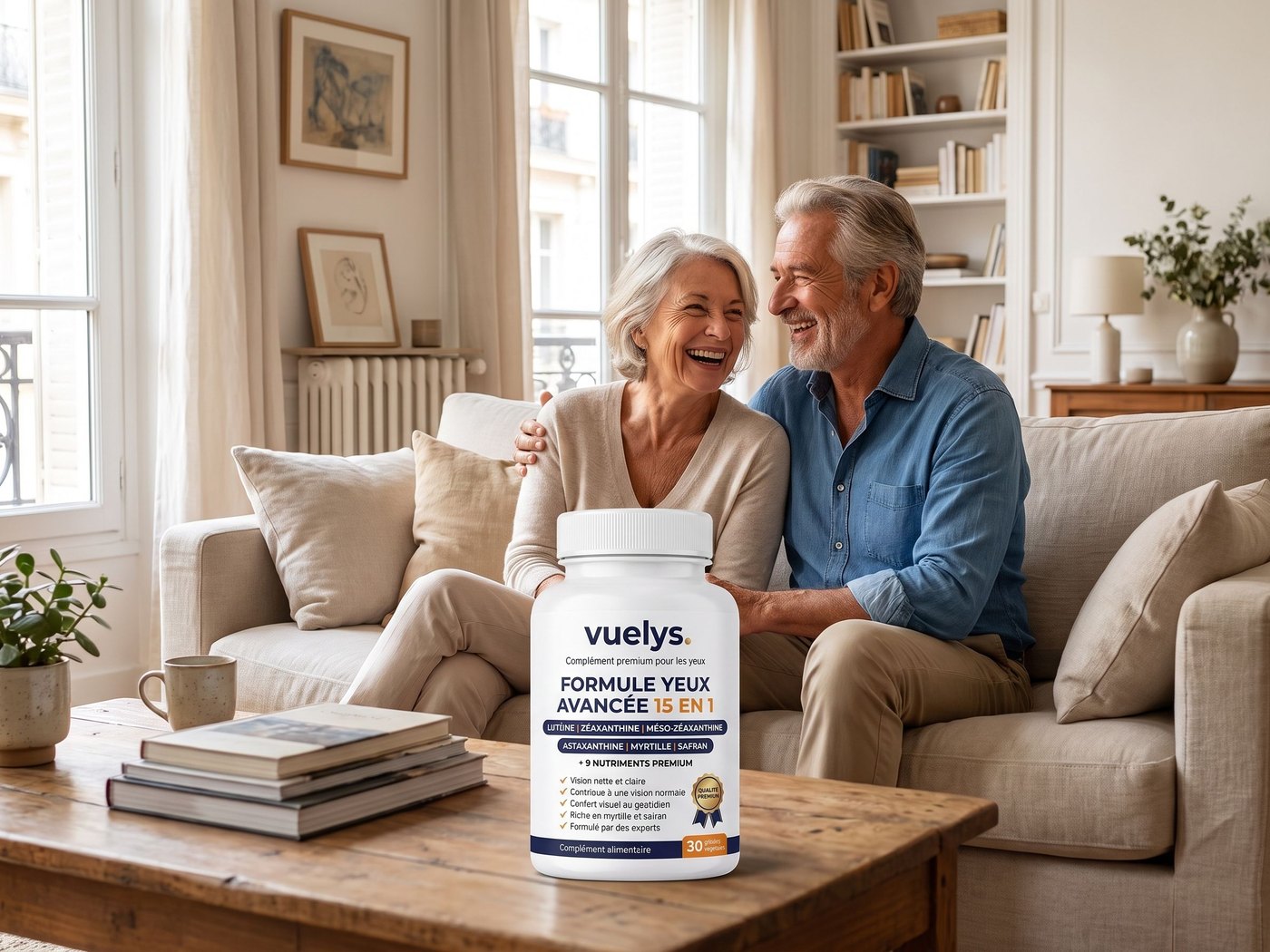 Couple de retraités souriant sur le canapé avec un flacon de Vuelys